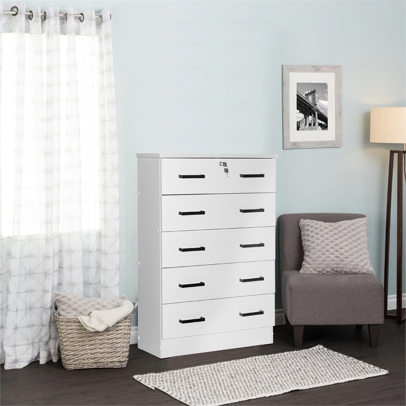 Pemberly Row Contemporary 5-Drawer Engineered Wood Chest with Lock in White