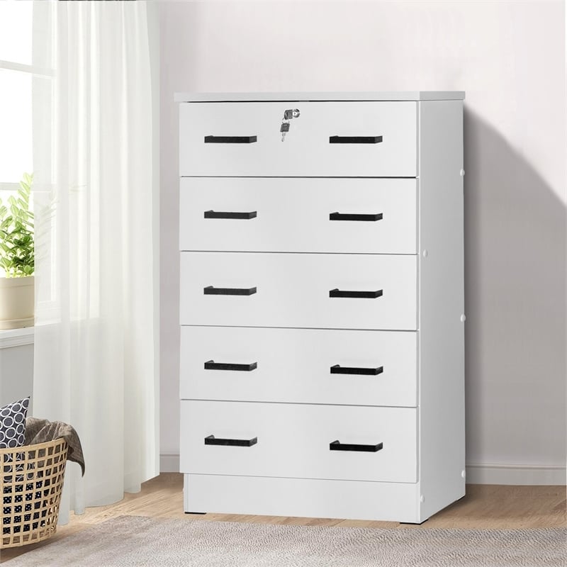 Pemberly Row Contemporary 5-Drawer Engineered Wood Chest with Lock in White