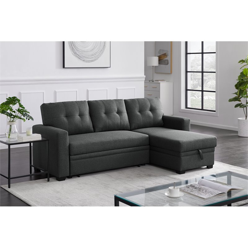 Pemberly Row Transitional Fabric Reversible Sleeper Sectional Sofa in Dark Gray