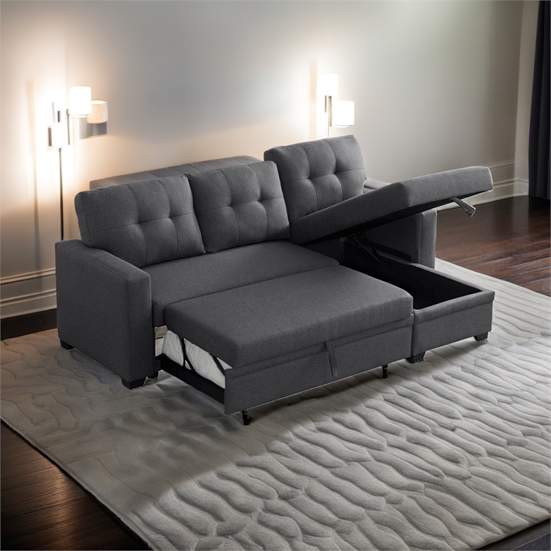 Pemberly Row Transitional Fabric Reversible Sleeper Sectional Sofa in Dark Gray
