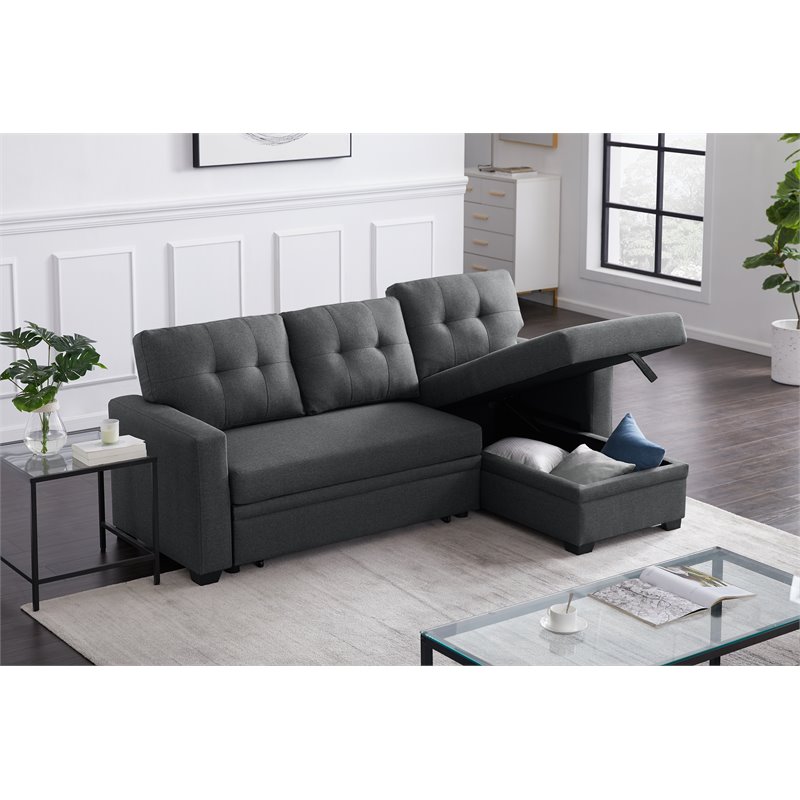 Pemberly Row Transitional Fabric Reversible Sleeper Sectional Sofa in Dark Gray