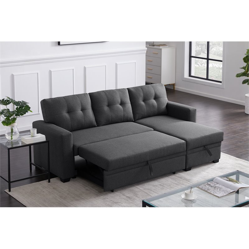 Pemberly Row Transitional Fabric Reversible Sleeper Sectional Sofa in Dark Gray