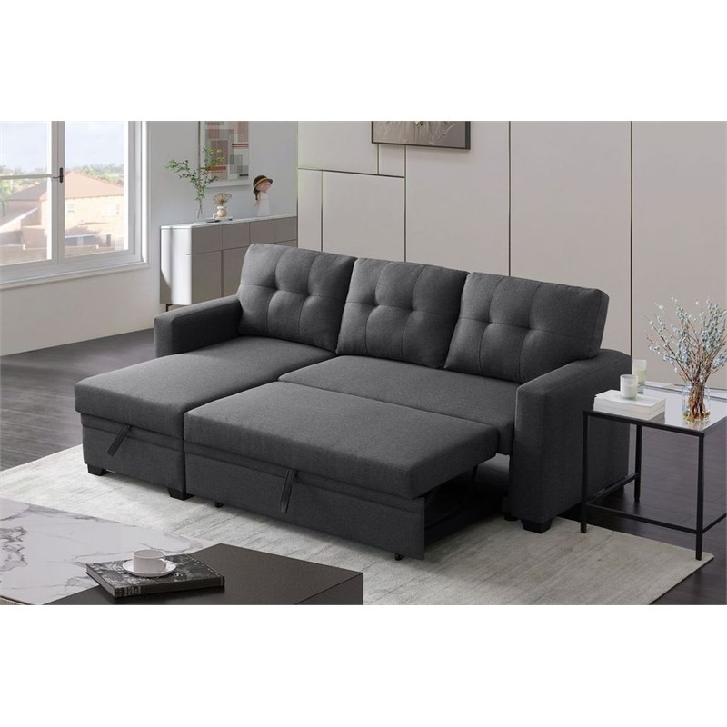 Pemberly Row Transitional Fabric Reversible Sleeper Sectional Sofa in Dark Gray