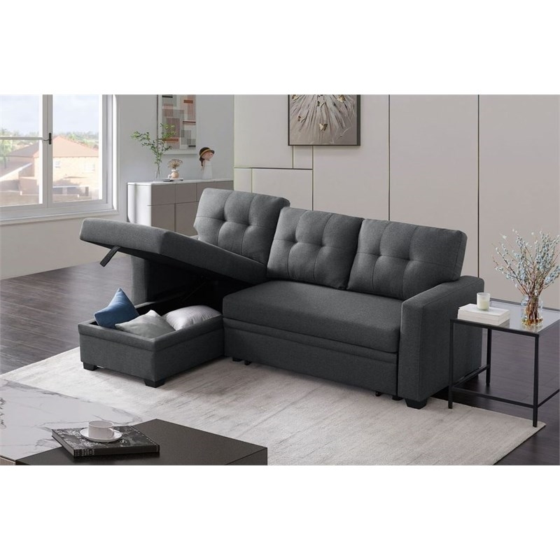 Pemberly Row Transitional Fabric Reversible Sleeper Sectional Sofa in Dark Gray