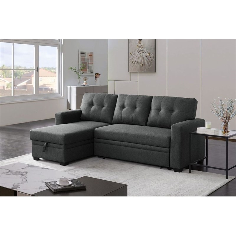 Pemberly Row Transitional Fabric Reversible Sleeper Sectional Sofa in Dark Gray