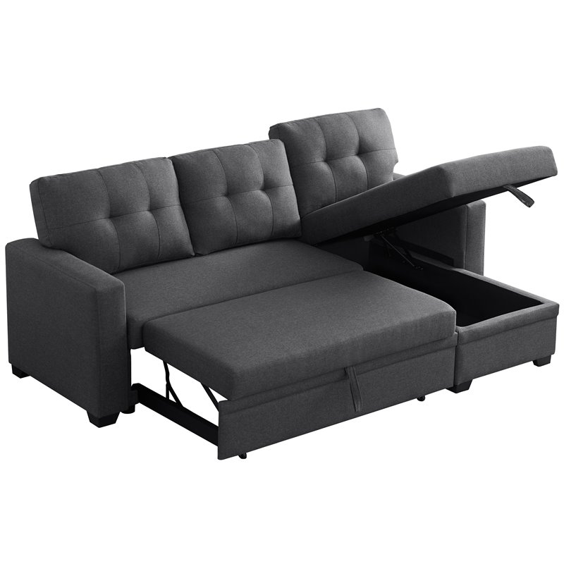 Pemberly Row Transitional Fabric Reversible Sleeper Sectional Sofa in Dark Gray