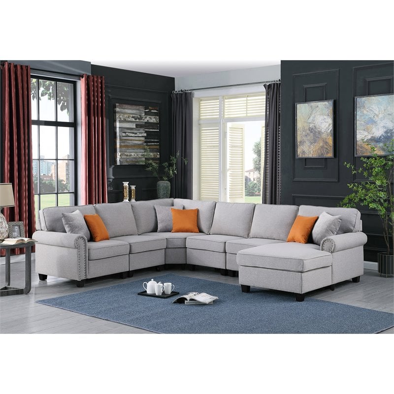 Pemberly Row Transitional Fabric U-Shaped Sectional Sofa in Light Gray