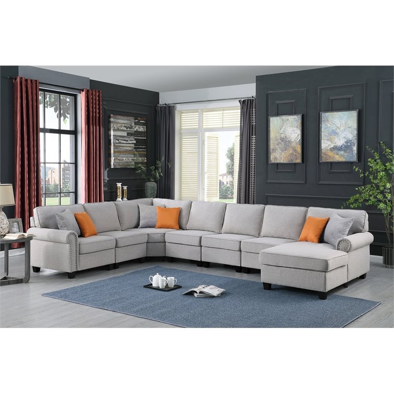 Pemberly Row Transitional Polyester Fabric U-Shaped Sectional Sofa in Light Gray
