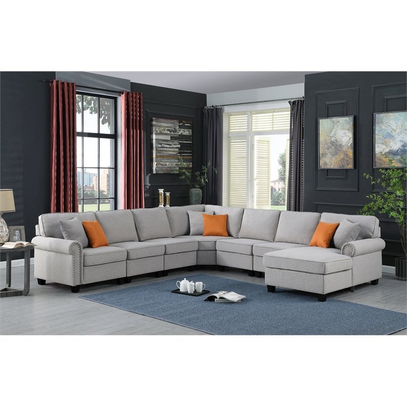 Pemberly Row Transitional Polyester Fabric U-Shaped Sectional Sofa in Light Gray