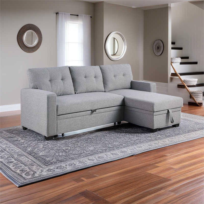 Pemberly Row Contemporary Fabric Reversible Sleeper Sectional Sofa in Light Gray