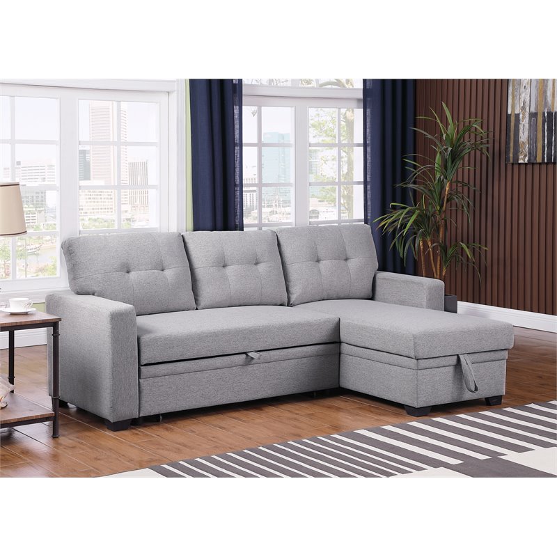 Pemberly Row Contemporary Fabric Reversible Sleeper Sectional Sofa in Light Gray