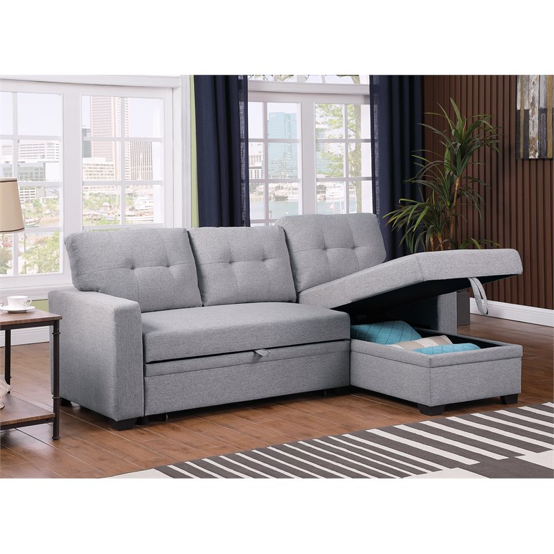 Pemberly Row Contemporary Fabric Reversible Sleeper Sectional Sofa in Light Gray