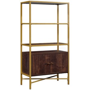 pemberly row 3 glass shelf bookcase in rich walnut and gold
