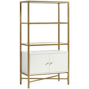 pemberly row mid-century 3 glass shelf bookcase in white and gold
