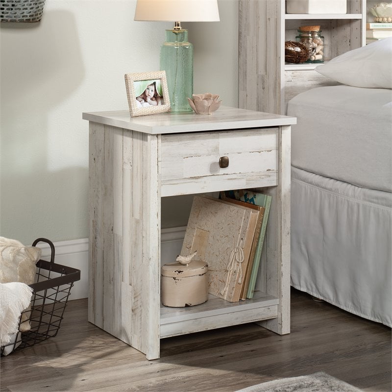 Pemberly Row Mid-Century 1 Drawer Wooden Nightstand in White Plank