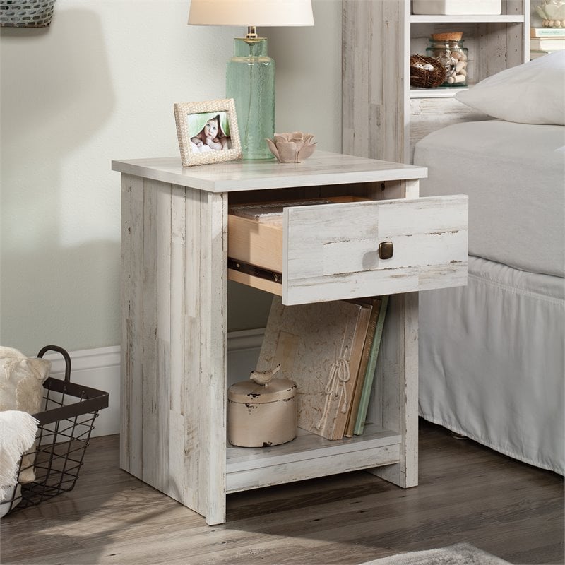 Pemberly Row Mid-Century 1 Drawer Wooden Nightstand in White Plank