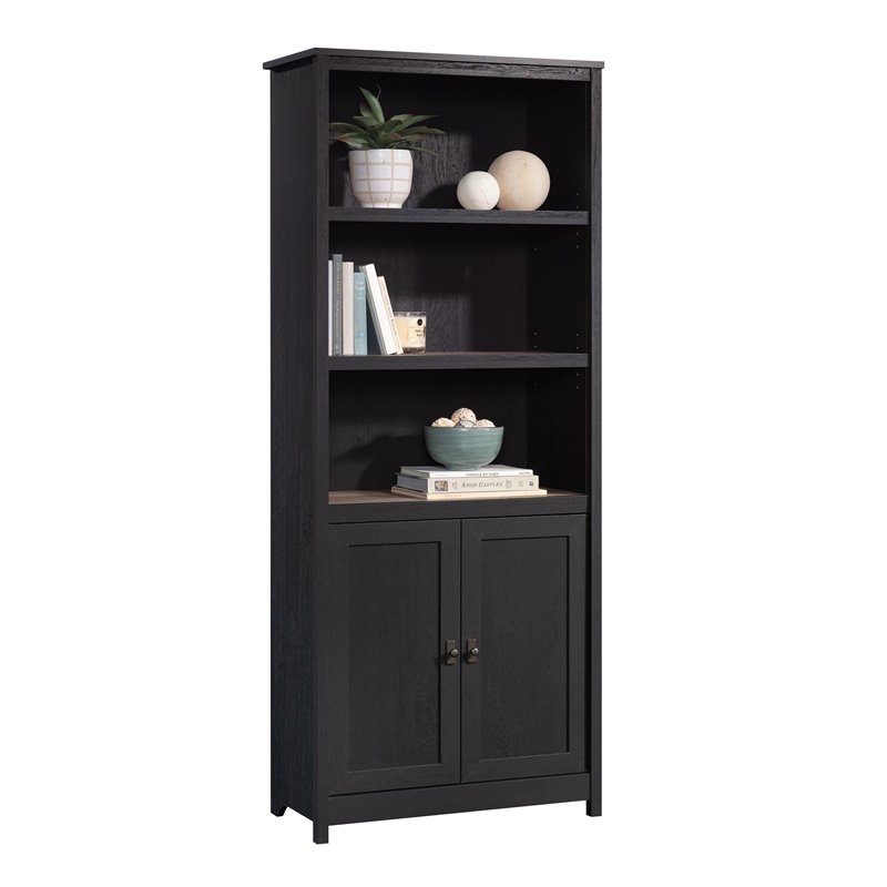 Pemberly Row 3-Shelf Engineered Wood Bookcase with Doors in Raven Oak