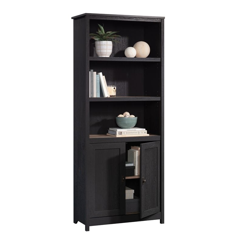 Pemberly Row 3-Shelf Engineered Wood Bookcase with Doors in Raven Oak