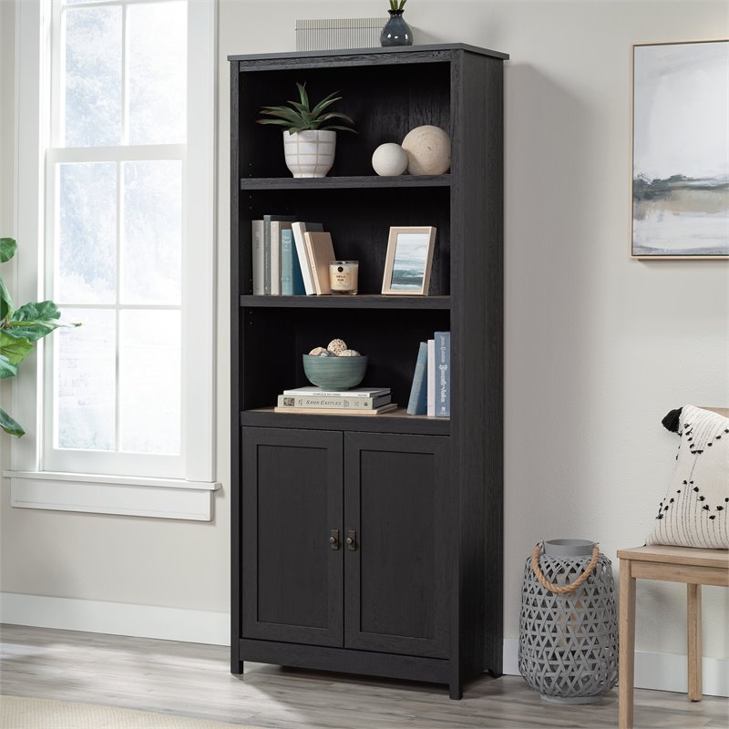 Pemberly Row 3-Shelf Engineered Wood Bookcase with Doors in Raven Oak