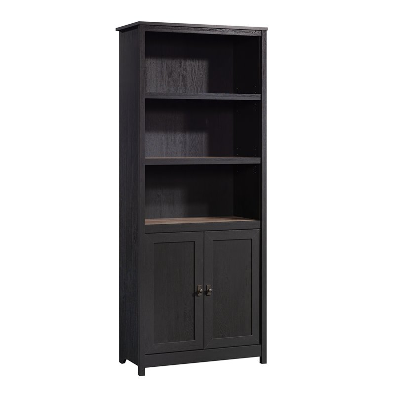 Pemberly Row 3-Shelf Engineered Wood Bookcase with Doors in Raven Oak