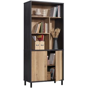 pemberly row engineered wood library bookcase in raven oak/timber oak accents