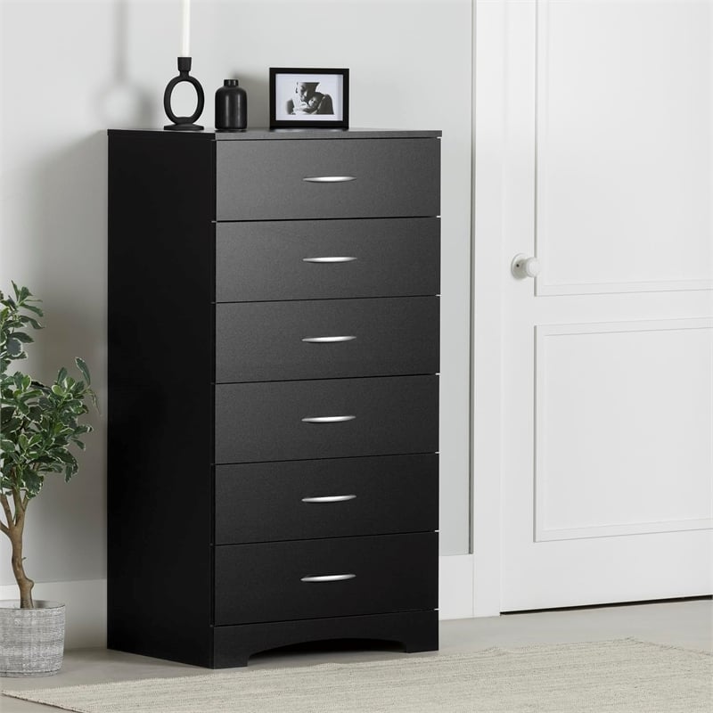 Pemberly Row Contemporary 6-Drawer Wood Single Lingerie Chest in Pure Black