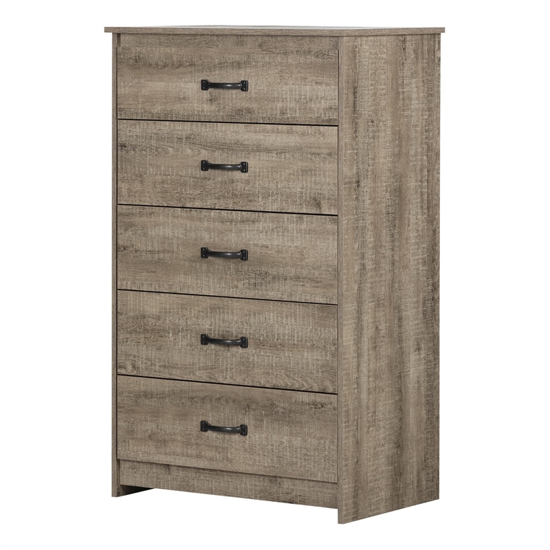 Pemberly Row Farmhouse 5-Drawer Wood Chest Storage in Weathered Oak