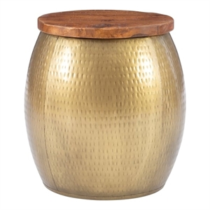 pemberly row modern metal and wood drum side table with storage in gold