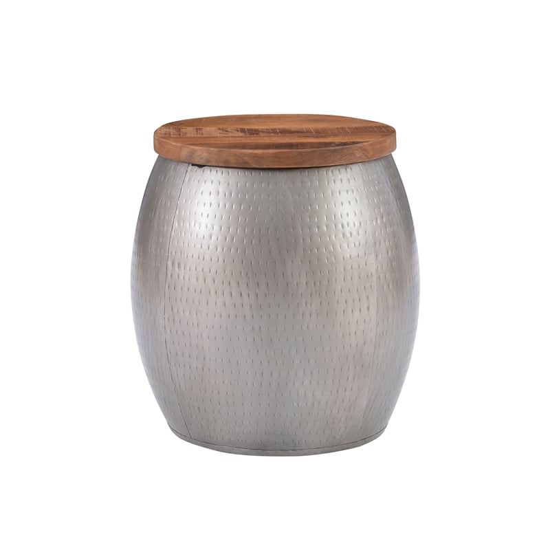 Pemberly Row Modern Metal and Wood Drum Side Table with Storage in Silver