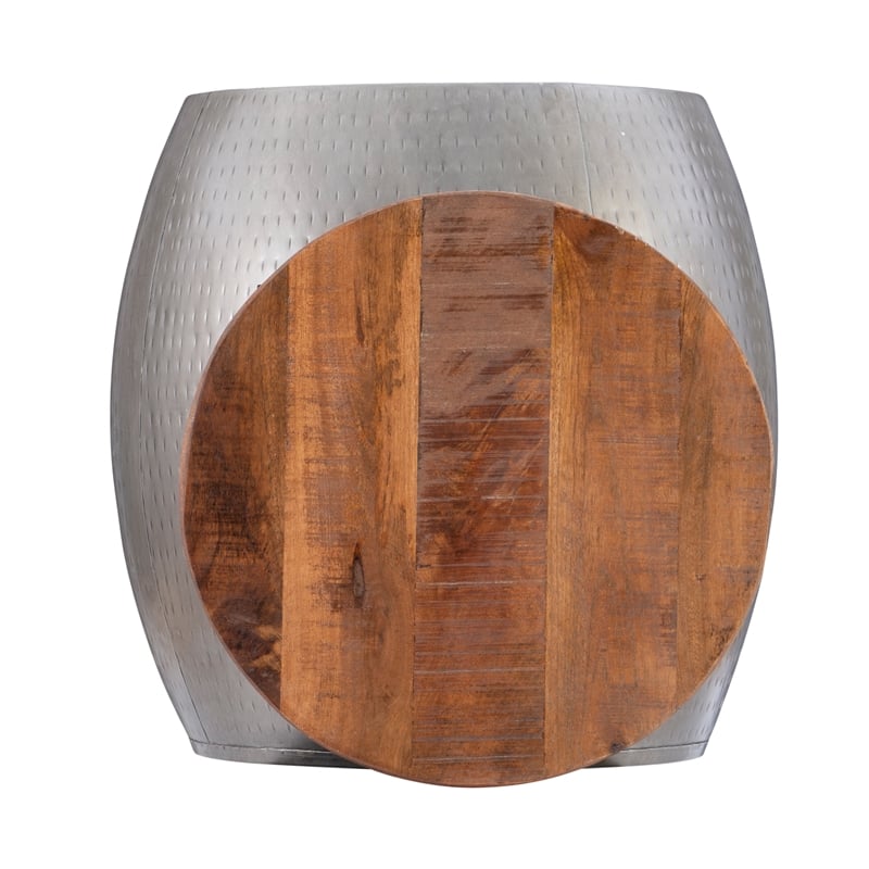 Pemberly Row Modern Metal and Wood Drum Side Table with Storage in Silver