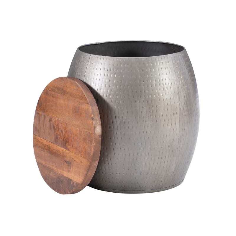 Pemberly Row Modern Metal and Wood Drum Side Table with Storage in Silver