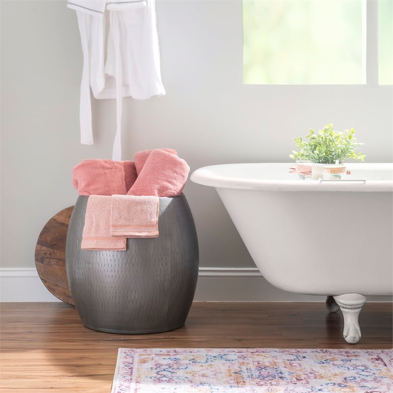 Pemberly Row Modern Metal and Wood Drum Side Table with Storage in Silver