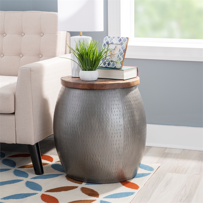 Pemberly Row Modern Metal and Wood Drum Side Table with Storage in Silver