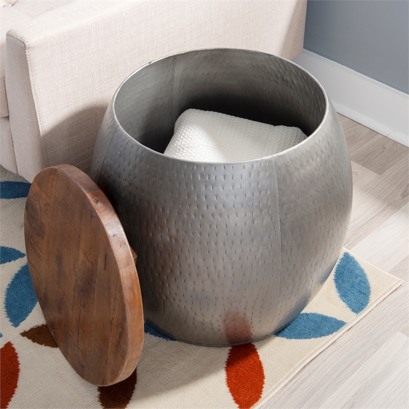 Pemberly Row Modern Metal and Wood Drum Side Table with Storage in Silver