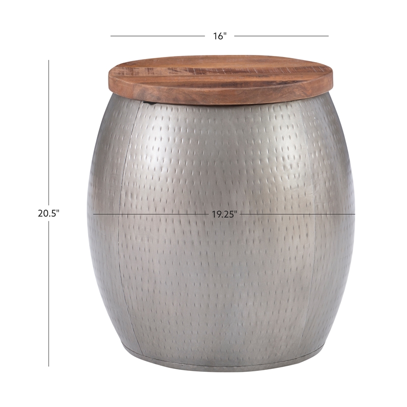Pemberly Row Modern Metal and Wood Drum Side Table with Storage in Silver