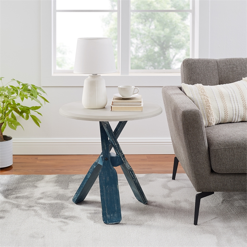 Pemberly Row Transitional Wood Side Table in Distressed Cream/Distressed Blue