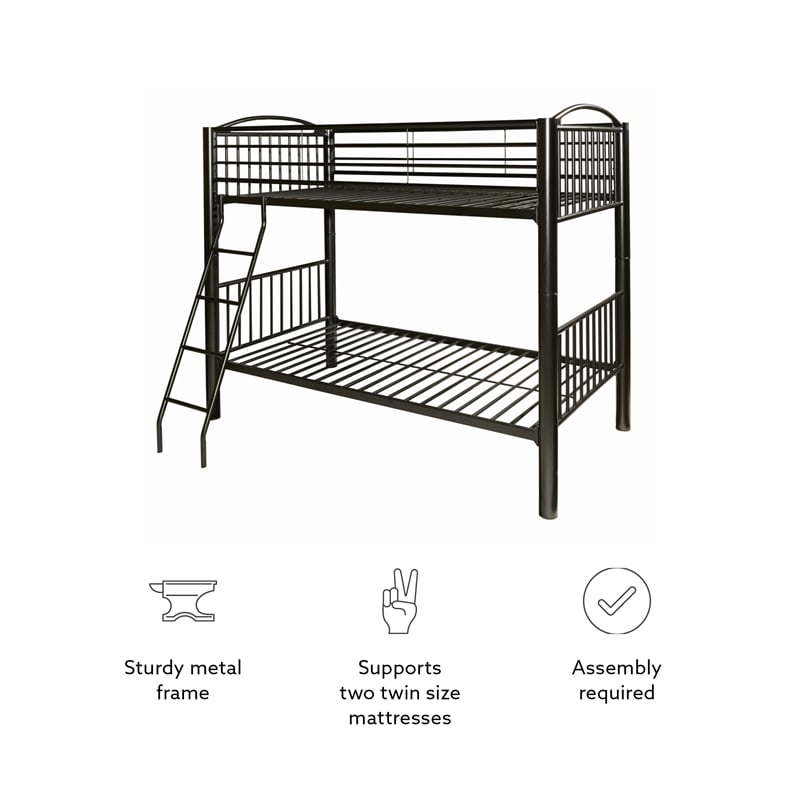 Pemberly Row Contemporary Metal Twin Over Twin Bunk Bed Attached Ladder in Black