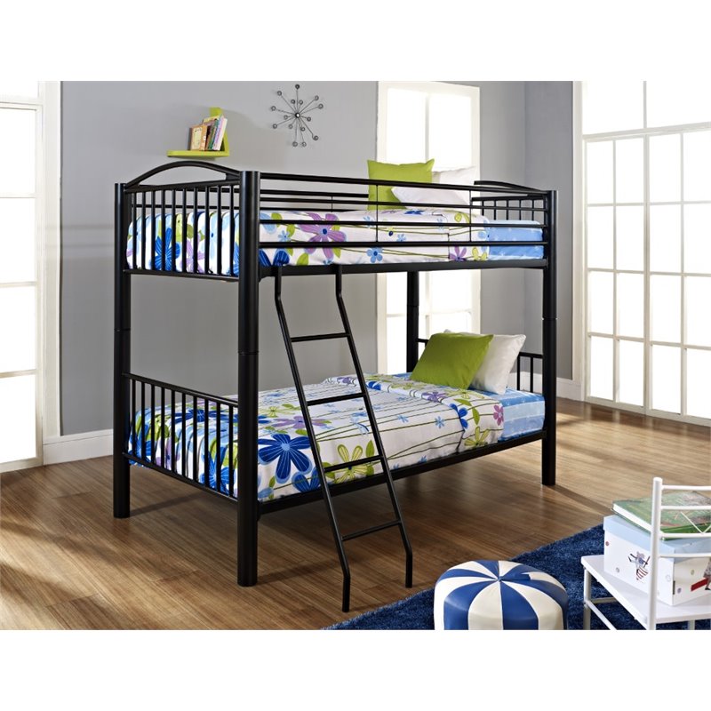 Pemberly Row Contemporary Metal Twin Over Twin Bunk Bed Attached Ladder in Black