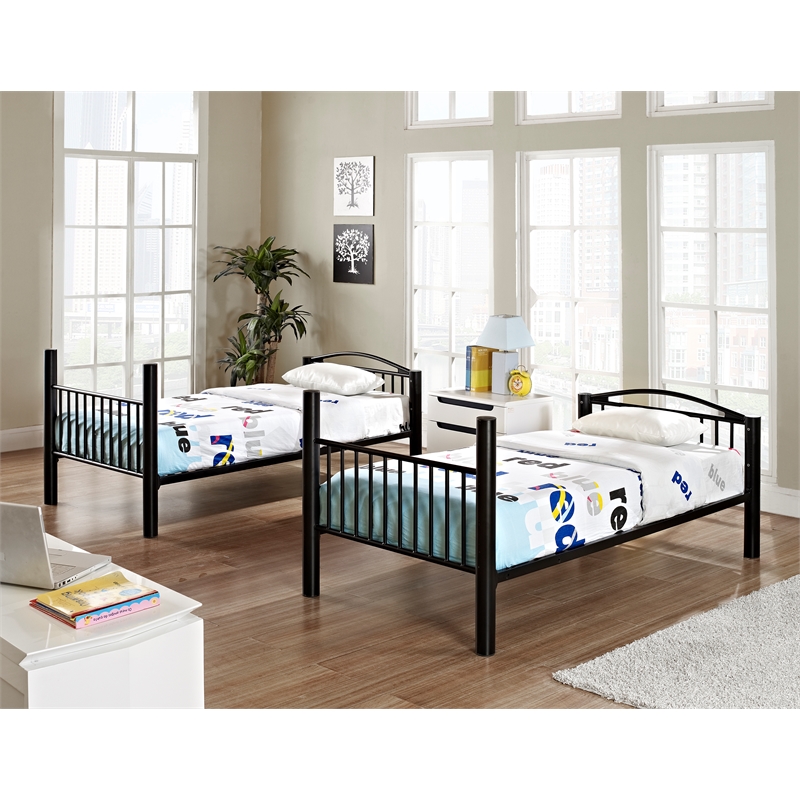 Pemberly Row Contemporary Metal Twin Over Twin Bunk Bed Attached Ladder in Black