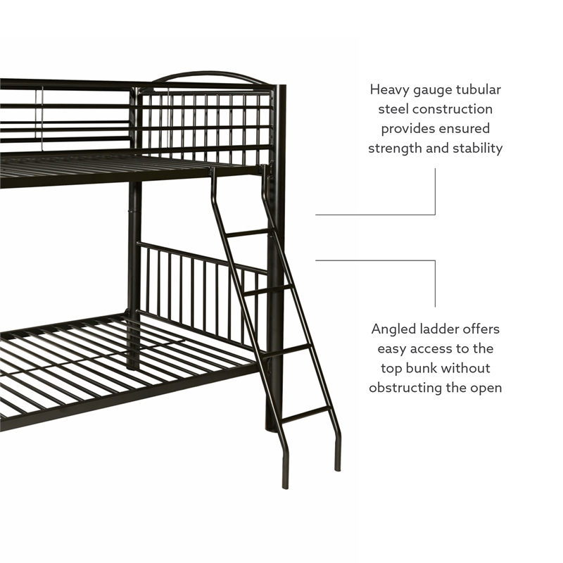 Pemberly Row Contemporary Metal Twin Over Twin Bunk Bed Attached Ladder in Black