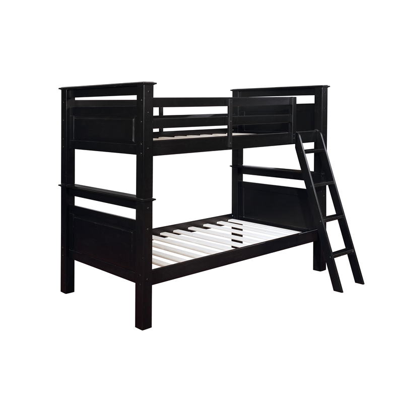 Pemberly Row Transitional Wood Twin Over Twin Bunk Bed Heavy Duty Slats in Black