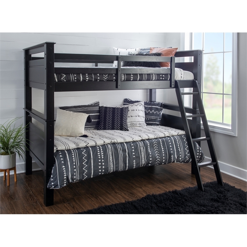Pemberly Row Transitional Wood Twin Over Twin Bunk Bed Heavy Duty Slats in Black