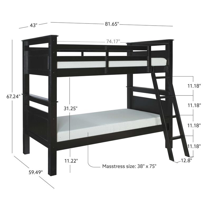 Pemberly Row Transitional Wood Twin Over Twin Bunk Bed Heavy Duty Slats in Black