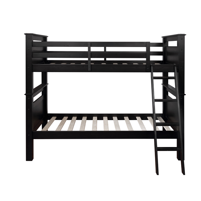Pemberly Row Transitional Wood Twin Over Twin Bunk Bed Heavy Duty Slats in Black