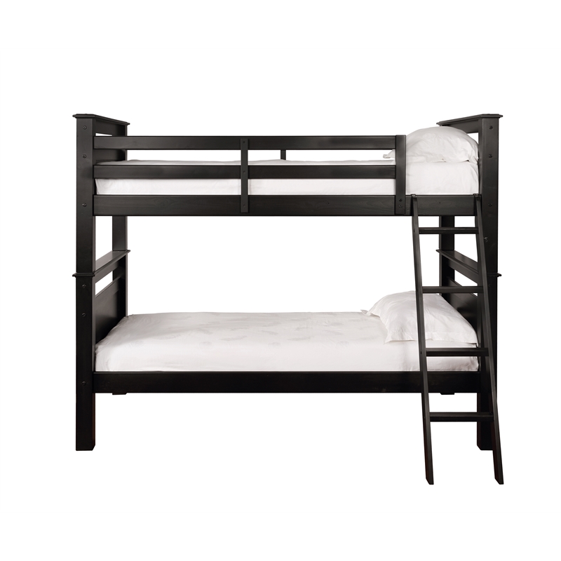 Pemberly Row Transitional Wood Twin Over Twin Bunk Bed Heavy Duty Slats in Black