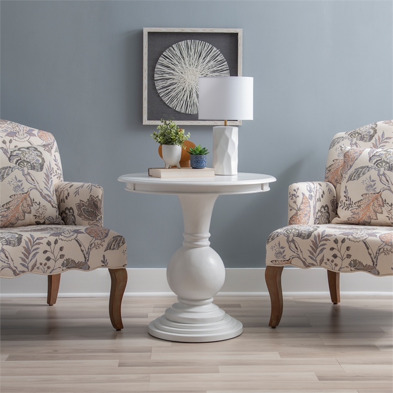Pemberly Row Round Transitional Wood Accent Table w/ Pedestal Base in White