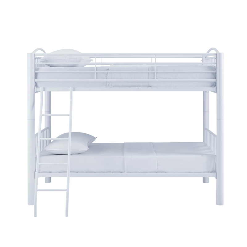 Pemberly Row Modern Metal Twin Over Twin Bunk Bed Attached Ladder in White