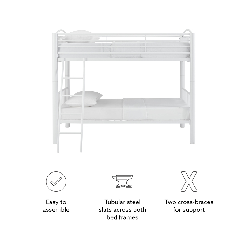 Pemberly Row Modern Metal Twin Over Twin Bunk Bed Attached Ladder in White