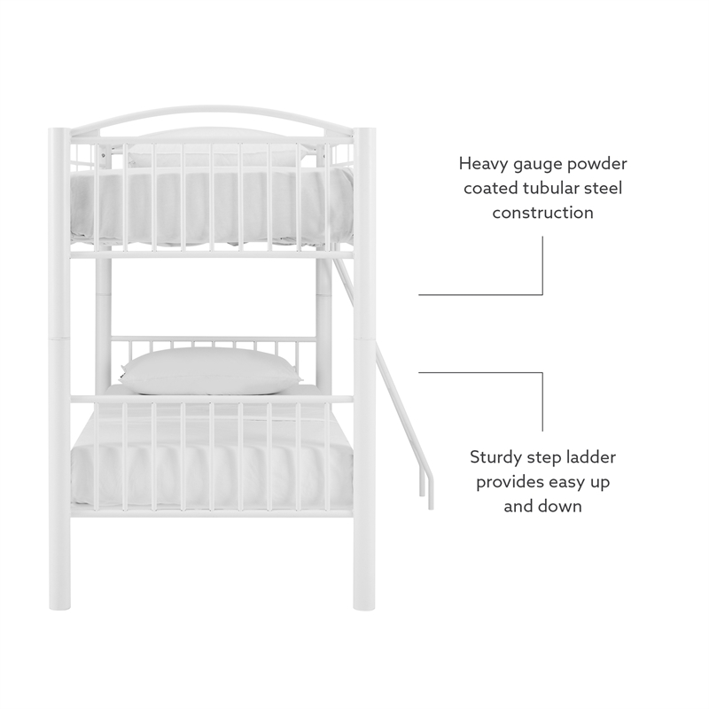 Pemberly Row Modern Metal Twin Over Twin Bunk Bed Attached Ladder in White