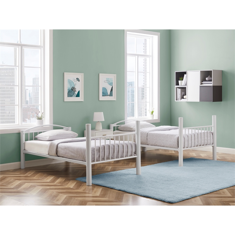 Pemberly Row Modern Metal Twin Over Twin Bunk Bed Attached Ladder in White